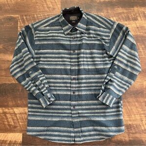 Pendleton lodge wool blue gray striped outdoor flannel button shirt large *FLAW